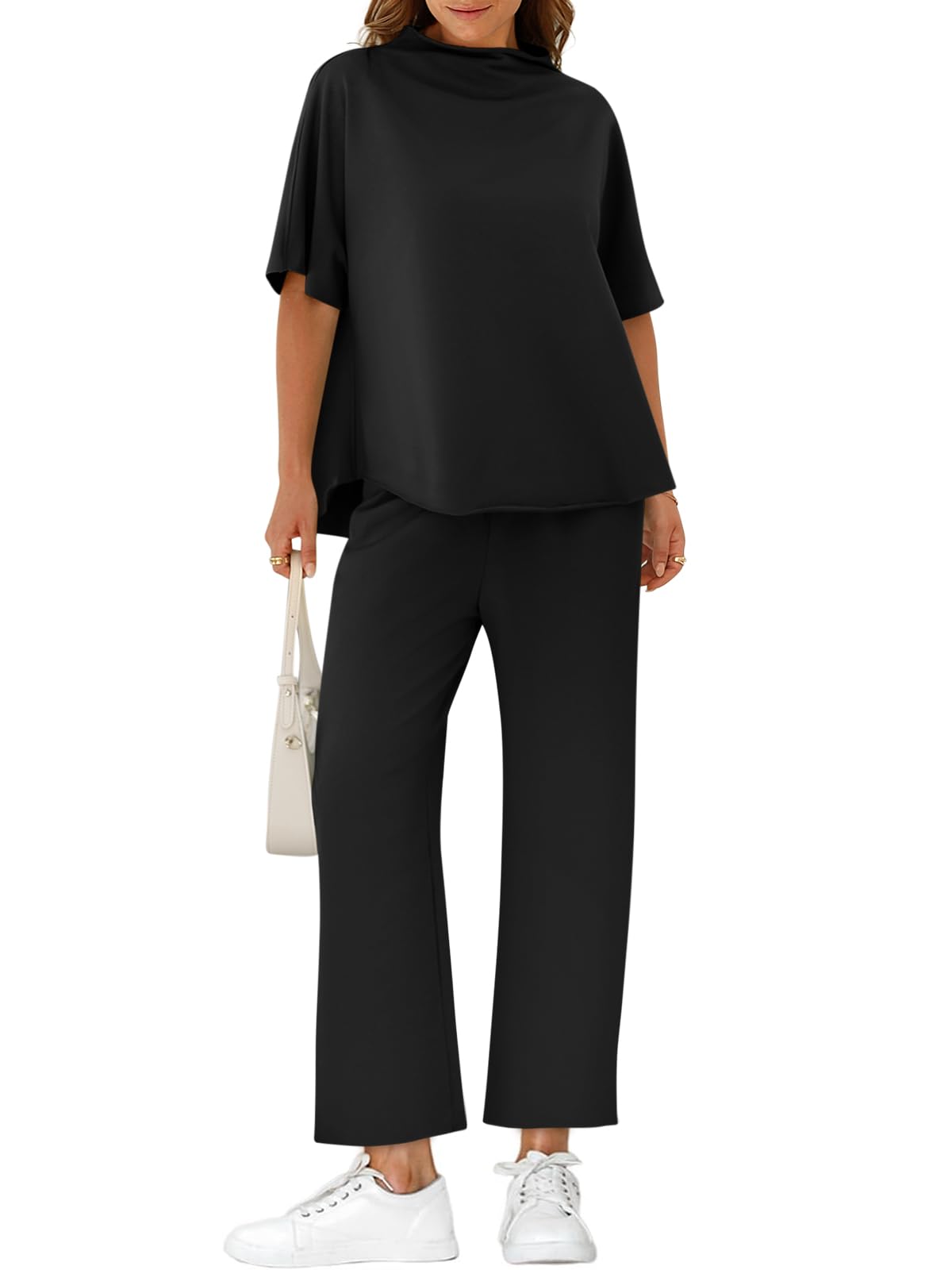 Yousify Womens Two Piece Sets 3 4 Batwing Sleeve Capelet Crew Neck Pullover Top Wide Leg Pants Lounge