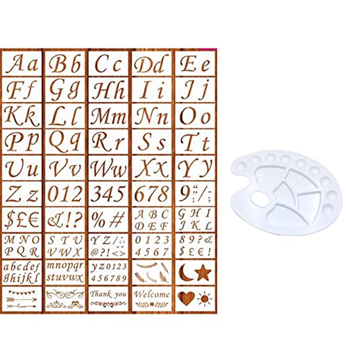 50 Pcs Plantillas de Alfabeto, Plantillas de Letras con Números y Símbolos, Plantillas de Letras Superiores,para Pintar Mayúsculas Números Signos Plantilla Plástica Reutilizable, con Paleta