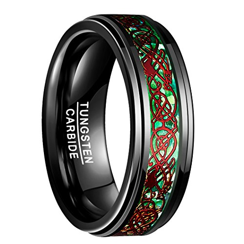 NUNCAD Black and Green Tungsten Wedding Band Celtic Dragon Comfort Fit Size 12