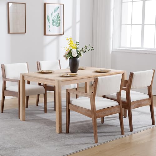 Image of RIVOVA Modern Upholstered Dining Chairs with Arms Set of 6, Linen Accent Chairs Natural Finish Wood Legs, 19.5'' Wide Armchairs for Living Room Kitchen Bedroom, Beige