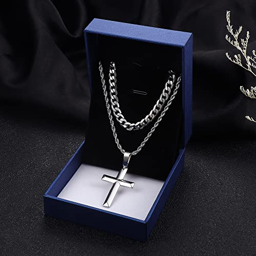 IRONBOX 925 Sterling Silver Cross Necklace for Men Women Stainless Steel Diamond Cut Durable 5MM Cuban Link Chain and 2.5MM Rope Chain Beveled Edge Crucifix Pendant Necklace Jewelry 16-30 Inches2