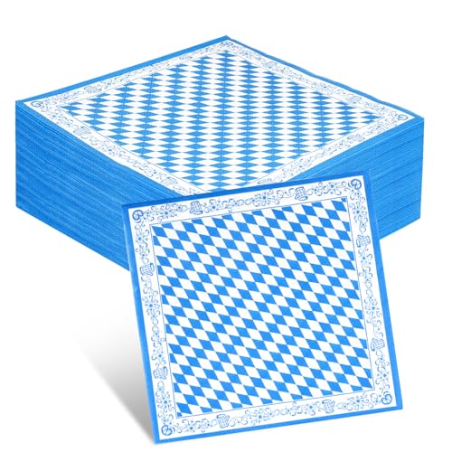 100 Stück Servietten Oktoberfest 33 * 33cm Bayerische Serviettens Oktoberfest Servietten Blau Weiß Oktoberfest Papierservietten für Bierfest Party Dekoration