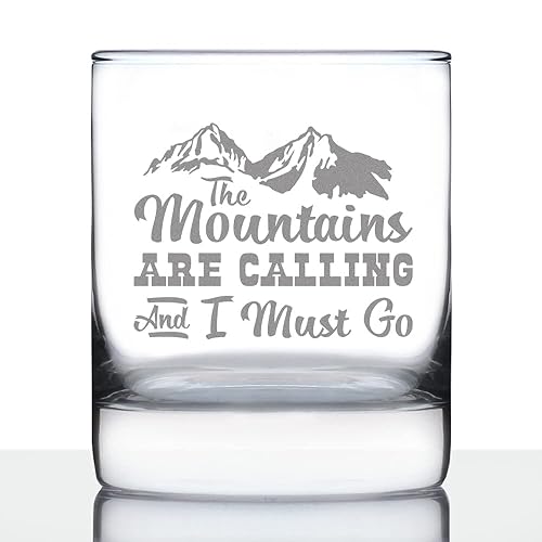 Mountains are Calling - Funny Whiskey Rocks Glass Gifts for Outdoorsy Men & Women - Fun Whisky Drinking Tumbler Décor