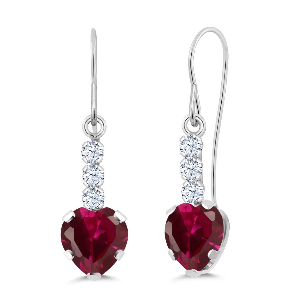 Gem Stone King 2.10 Ct Heart Shape Red Created Ruby 14K White Gold Earrings