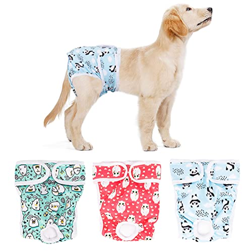 Eyein Pañales Lavables para Perros, [Paquete de 3] Reutilizables y Ajustable Pañales Sanitarios para Hembra, Súper Absorbentes y Amigables con el Medio Ambiente (XS, Cintura 25-30cm, Azul/Rosa/Verde)