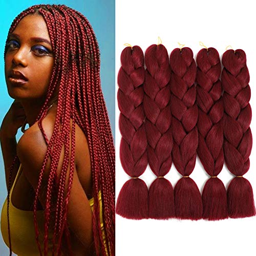 Burgudy Braiding Hair Ombre Braiding Hair Burgudy Braiding Hair Synthetic Braiding Hair Braid in Hair Hair for Braiding Crochet,Box,Twist Braids Hair (24”100g/pcs,5Pcs/Lot,Burgundy)