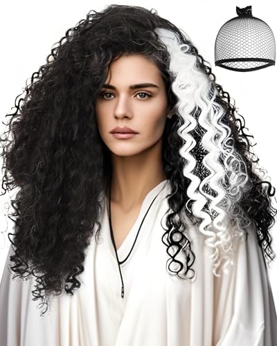 ANOGOL Hair Cap+ Dark Brown and White Curly Wig Women Long Brown Cosplay Wigs Afro Curly Hair White Anime Wig Adult Witch Costume Halloween Party Outfit