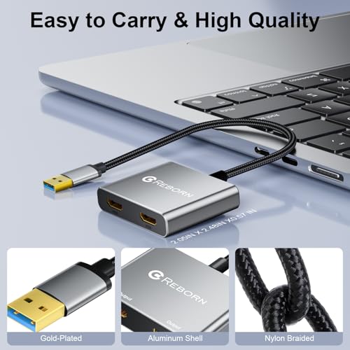 Image of Reborn USB to HDMI Adapter, 1080P@60Hz USB 3.0 Male to Dual HDMI Female Multi-Display Cable Converter Suitable for MacOS, Windows 7 /8 /10 /11 - Driver Installation is Required