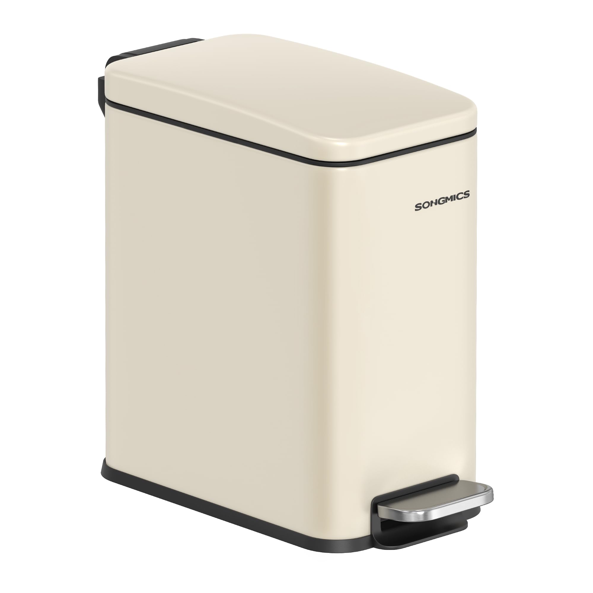 SONGMICS Bathroom Bin, 1.3 Gallon (5 L) Small Bin with Lid, Pedal Toilet Bin, Slim for Small Spaces, Steel, Soft Close, Summer Sand LTB560A01