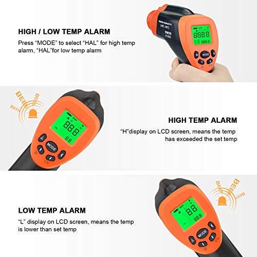 Termómetro infrarrojo digital sin contacto, BTMETER 980G, pistola láser de temperatura alta para cocinas, barbacoas, automóviles con 16:1 de distancia de radio, retroiluminado (-58°F-1292°F)