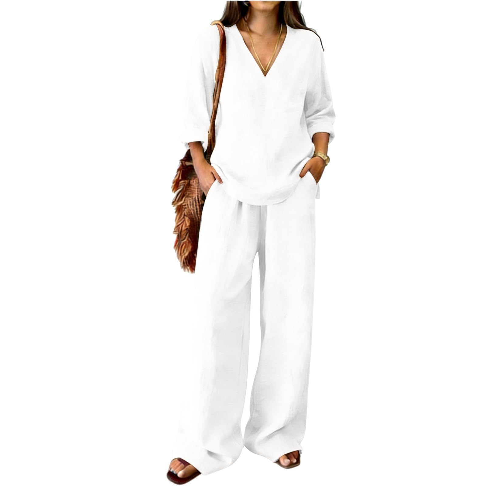 Completi Lino Donna Estivi 2 Pezzi Camicia E Pantaloni Cotone Tuta Elegante Taglie Forti Completo Estiva Curvy Tute Casual Set Leggera Larghi Completi Per L’estate Vacanza Tinta Unita Sportiva
