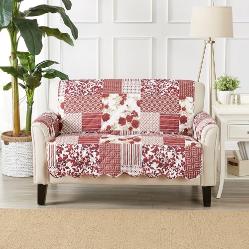 Image of Great Bay Home Reversible Patchwork Loveseat Cover - Washable Slipcover Furniture Protector with Elastic Straps - Perfect for Kids & Pets - Box-Stitched Detail (Burgundy)
