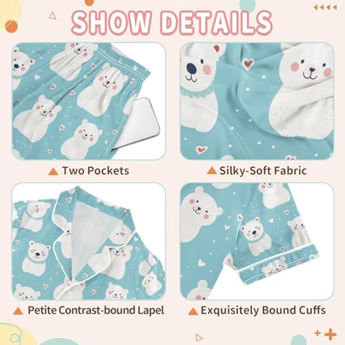 senya White Bear Heart Satin Summer Pajama Sets Silk Short Sleeve Button Down Sleepwear3