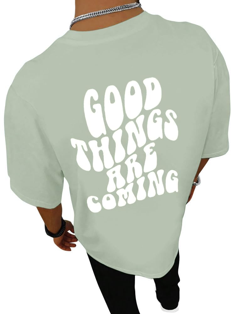 Tomwell Oversized Tshirt Herren Rundhals Kurzarm Lose Sommer Oberteile Mode T-Shirt mit Backprint Vintage Drucken Streetwear Sport Casual Lang Tops F Grün L