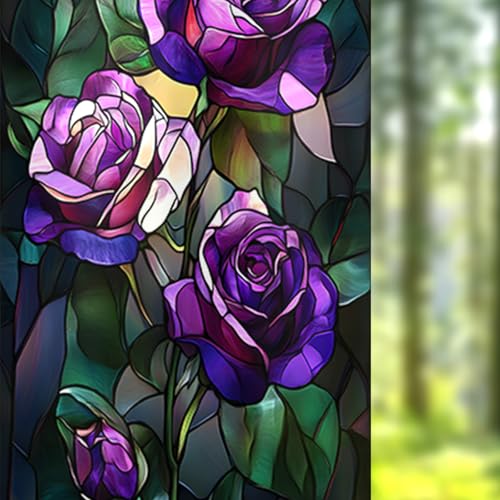 Image of Nuxovilar Frosted Stained Glass Purple Rose Window Film 17.7x39.4 PVC | Deep Purple, Gothic Cling rose flower sticker, privacy glass wrap for bedroom bathroom party room (Purple Rose)