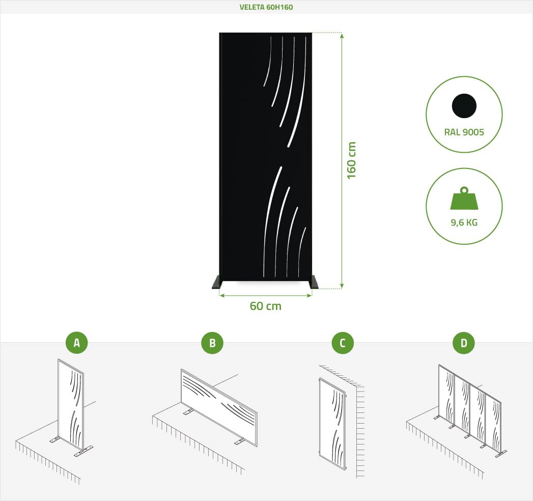 CASANOOV Panneau Décoratif VELETA 160x60 cm (1,6x0,6 m – 1 m²) Acier Noir – Motif Nature Côté Droit – Brise Vue Occultant Extérieur – Fixation Murale ou Sol – Panneau Jardin Terrasse Durable Moderne