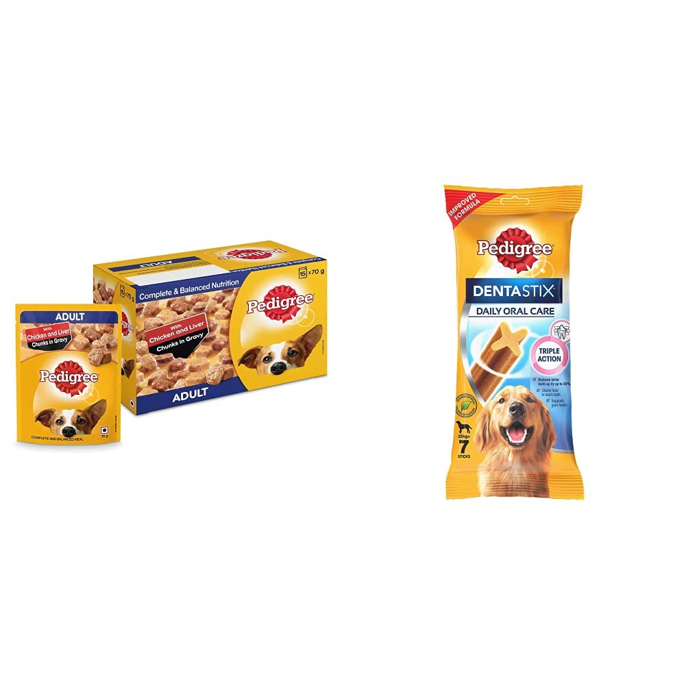 Pedigree Adult Wet Dog Food, Chicken & Liver Chunks in Gravy, 70 G (Pack of 15) & Dentastix Large Breed (25 Kg+) Oral Care Dog Treat (Chew Sticks) (7 Sticks) 270G Weekly Pac (B08KVC7SX4) Amazon Price History, Amazon Price Tracker