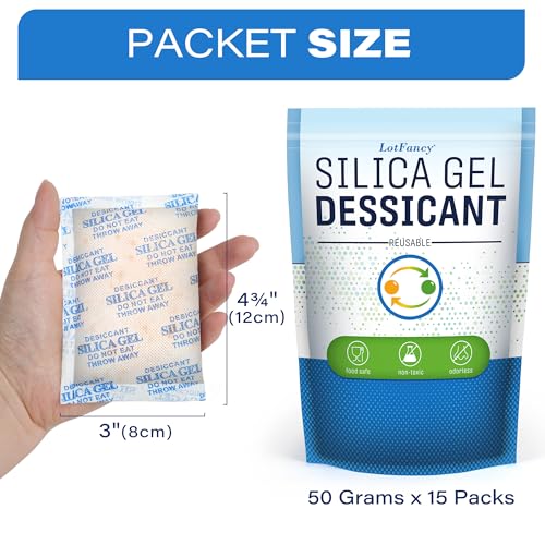 Lotfancy Silica Gel Packets, 50 Gram 15 Packs Rechargeable Desiccant Packs For Storage, Moisture Absorber Drying Bags thumb #2