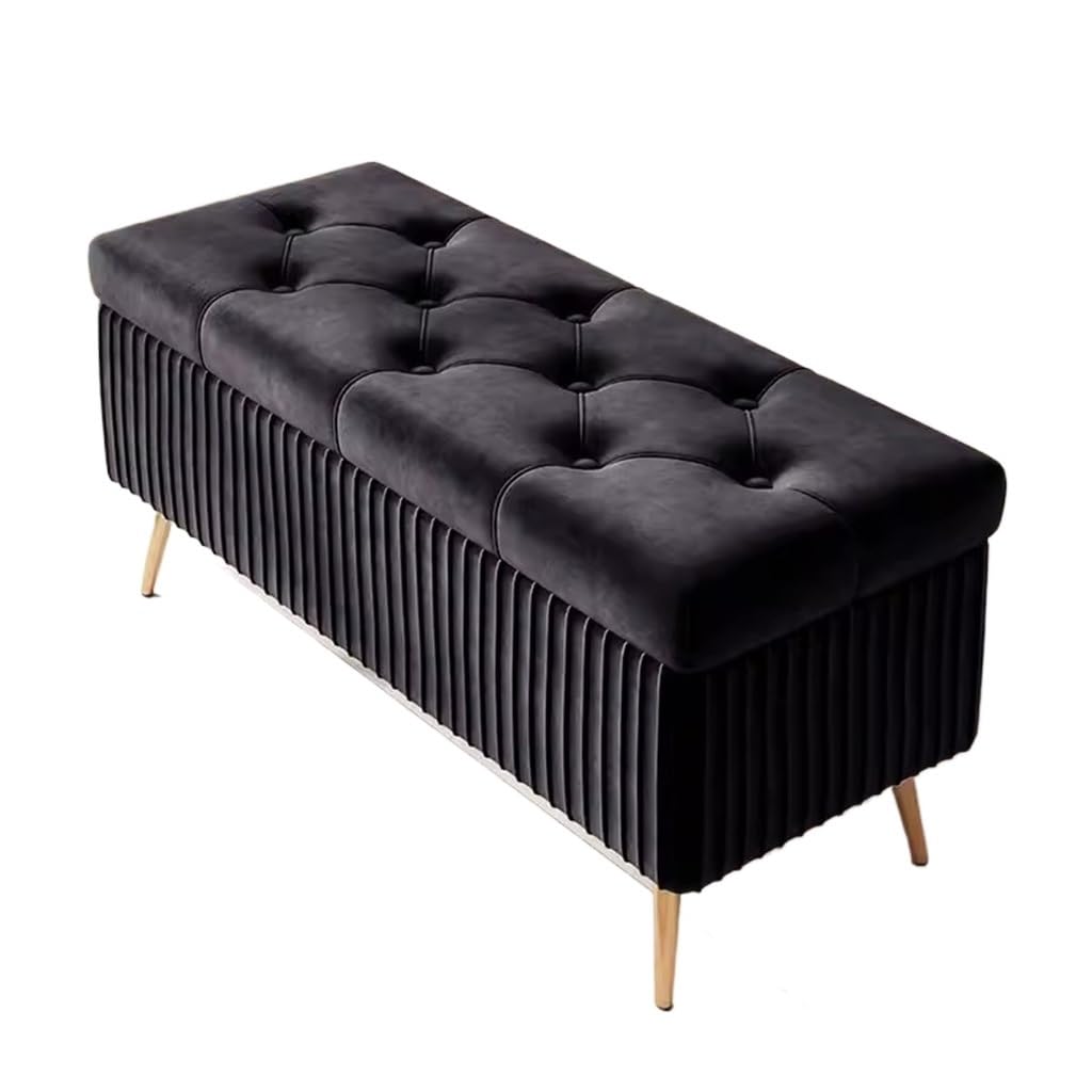Banc coffre en velours noir avec housse amovible meuble gain de place