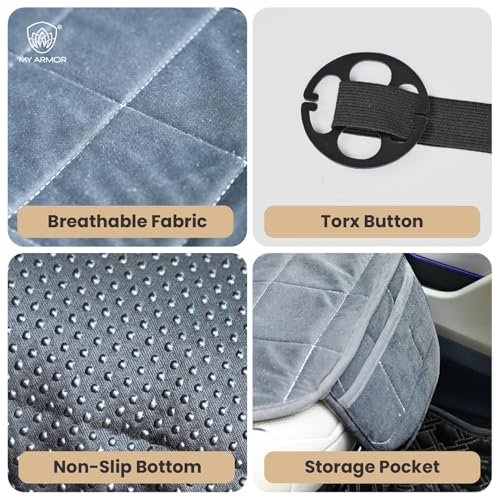 Image of MY ARMOR Car Seat Cover | Ultra-Soft Quilted Foam Cushion with Non-Slip Grip & Storage Pouch | Universal Fit Rear Car Seat Protector | Extra Large 50 x 20 Inches | Grey Velvet | 1 Pc