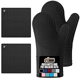 GORILLA GRIP BPA-Free Soft Silicone Oven Mitts and Pot Holders Sets of 4, Heat Resistant Waterproof Cooking Gloves, Thick Cotton Lining, Flexible Gripping for Baking Grilling, Kitchen Trivets, Black