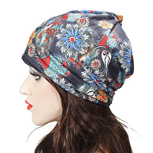Zlyc Women Fashion Slouchy Beanie Hat For Summer Stretch Infinity Scarf Headwear Skull Cap (Floral Black) #TOP1