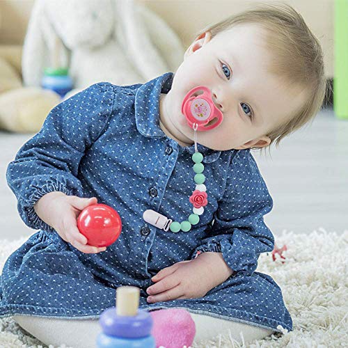 Pacifier Clip Holder Baby Teether,2 in 1 Universal Soother Holder Adapter, Teething Beads Soothie Holder for Girls Boys,Infant Shower Toy,Chewable Silicone Rose (White,Green,Pink Roses)