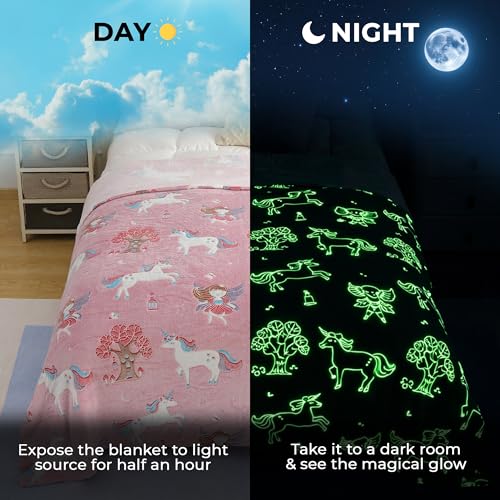 Image of Story@Home Glow in the Dark Blankets for Kids | Summer Comfort Quilt for Kids | Kids Blanket 0-15 Years (200x15 cm) Soft Fleece Blanket |Cozy All-Season Radium Blanket for Boys & Girls-Unicorn
