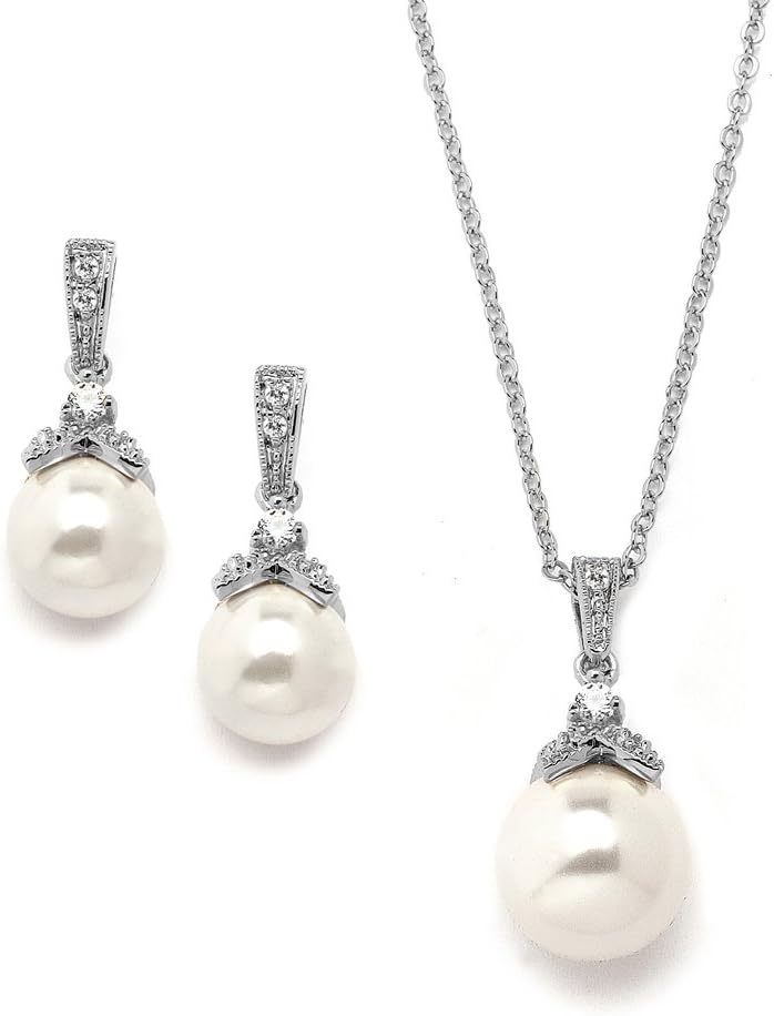 Pearl Drop Bridal Necklace Earrings Set with CZ Crystals for Bride, Bridesmaid, Birthday Gift