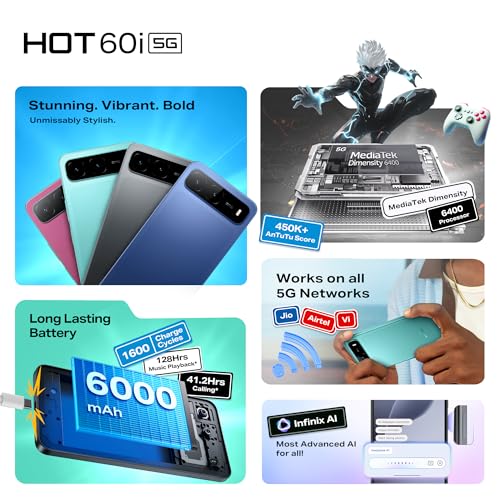 Image of Infinix HOT 60i 5G (Sleek Black, 4GB RAM, 128GB Storage) | True 5G (Works On Jio, Vi, Airtel)|6000mAh Biggest Battery|Most Advanced Infinix AI- AI Eraser, Circle to Search Without Offers