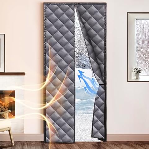 LADER Magnetic Thermal Insulated Door Curtain,Filled with Thickened Polyester Fiber Cotton&Full Strip Magnets,Temporary Doorway Cover Curtains, Self-Closing Privacy Magnetic Screen Door for Winter Cover