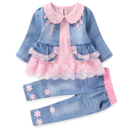 Image of Peacolate 6M-4Years Spring Fall Baby Girls Clothing Set 3pcs Long Sleeve Dress Denim Jacket and Jeans