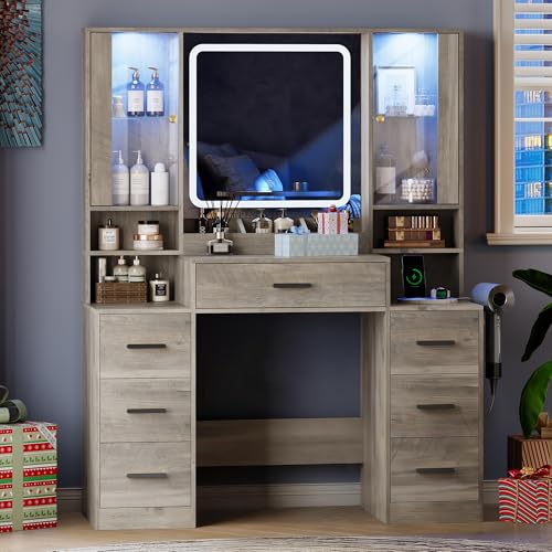 Image of HUANLEGO Makeup Vanity Desk with Mirror and LED Lights for Girls, Grey | Farmhouse Dressing Table Set for Women, LED Glass Cabinet, 7 Drawers, Power Outlet, Hair Dryer, 3 Lighting Modes