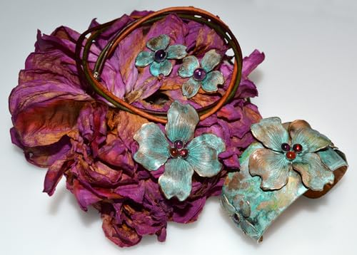 Elaine Coyne Collectible Artwear Verdigris Patina Brass Graduated Dogwood Flowers Necklace - Amethyst, Carnelian, Garnet4