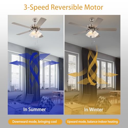Edvivi 52 Inch Ceiling Fan With Lights And Pull Chain Control, Low Profile Ceiling Fan With Dual Finish Blades, 3-Speed Noiseless Reversible Motor, Brushed Nickel Ceiling Fan For Bedroom Living Room thumb #2