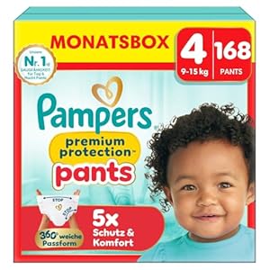 Pampers Premium Protection Pants Größe 4, 168 Windeln, 9kg-15kg, mit 360° Passform und weichen Anti-Auslaufbündchen für unseren besten Komfort und Schutz