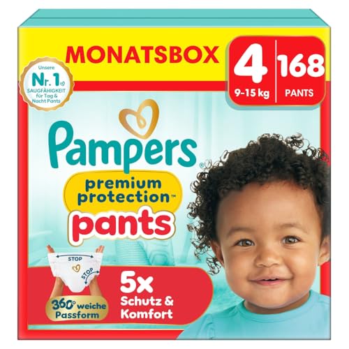 Pampers Premium Protection Pants Größe 4, 168 Windeln, 9kg-15kg, mit 360° Passform und weichen Anti-Auslaufbündchen für unseren besten Komfort und Schutz 1