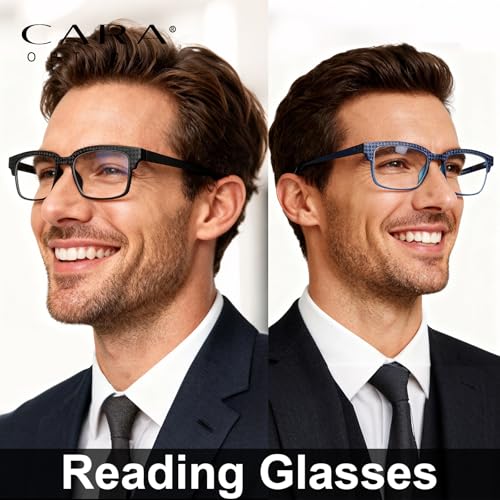 Image of CARA 2 Pack Reading Glasses Men, Super Lightweight Grilamid TR90 Frame for Women Blue Light /UV400 Protection Computer Readers, Black+Blue, 2.0x
