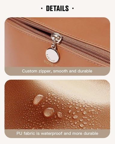 iYOGIzz Women’s Large Capacity Cosmetic Travel Bag - Waterproof Leather Makeup Organizer with Wide Opening, Dividers with Handle (Cross Open, Brown) (Pack of 1) 2