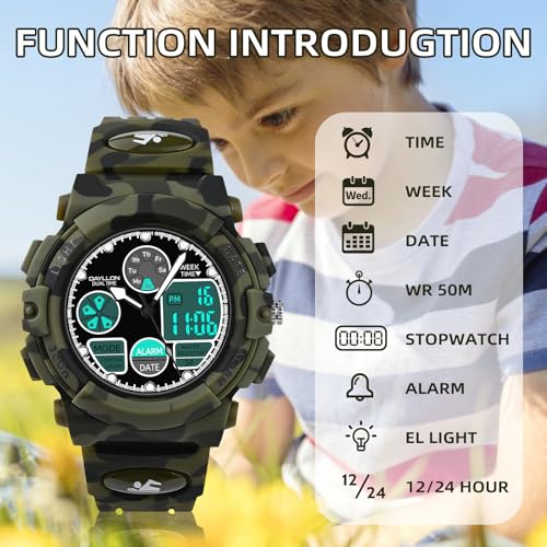 Image of Dayllon Boys Watch,Kids Watch for 5-15 Year Old Boys,Digital Sport Outdoor Multi Function Waterproof with LED Alarm Calendar Analog Watch for Kids Gifts
