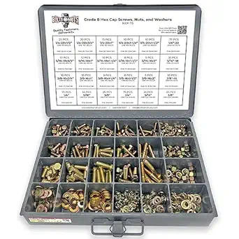 Grade 8 Hex Cap Bolts Screws, Nuts, Washers, Lock Washers Assortment Kit - 574 Pieces!