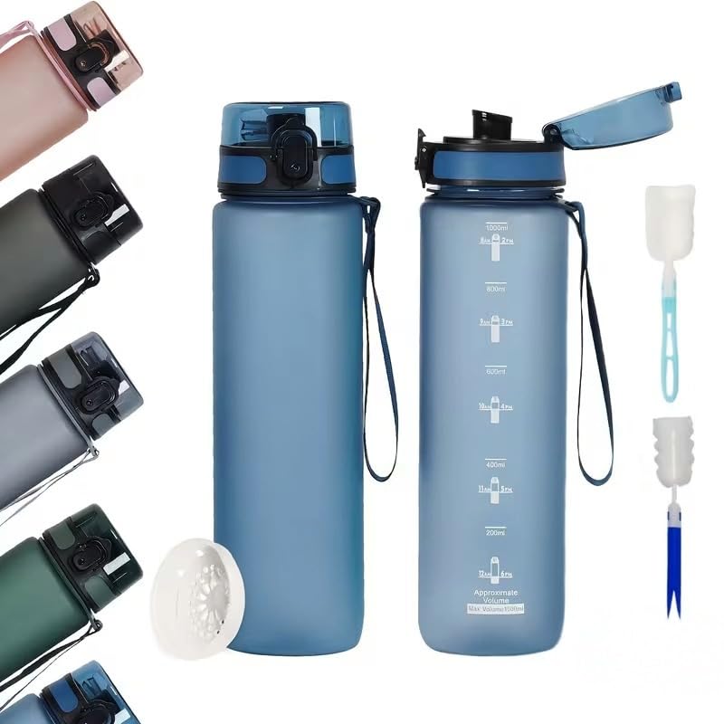 1L Portable Sports Fitness Travel Water Bottle. BPA Free, Tea Drain and Cleaning Cup Brush Included, Insulated Drinking Bottle, Fall, School, Gym, Hiking, Camping, Outdoor Activities (BLUE) — image 1