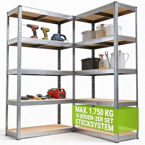 Juskys 2er-Set Lagerregal Basic 2X 180x90x40cm (HxBxT) | 1750 kg | 10 Böden | Schwerlastregal Steckregal Metall Kellerregal Regalsystem Regal verzinkt