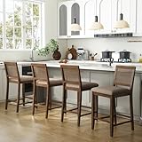 DM Furniture 26' Rattan Bar Stools Set of 4, Wooden Counter Height Stools with Woven Back and Chenille Seat, Mid-Century Modern Island Chairs Barstool for Kitchen