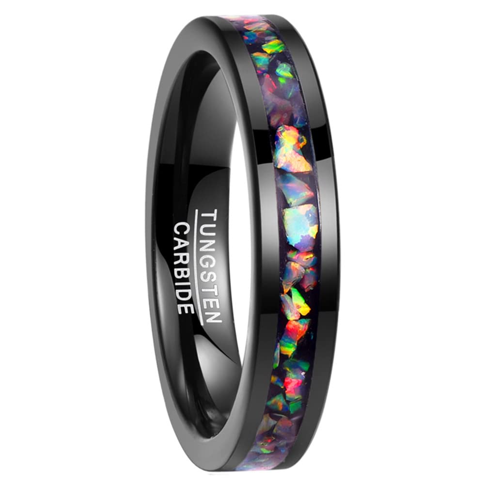 Vakki 4mm 8mm Black Tungsten Rings Inlaid with Crushed Created Opal Wedding Engagement Band for Men Comfort Fit Size 4-12