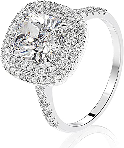Luxury 925 Sterling Silver Double Layer Cubic Zirconia Princess Cut Ring Square Simulation Diamond Ring Promise Halo Engagement Wedding Band Ring for Women Size 6-10