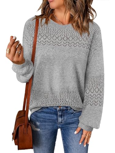 Image of Lylinan Womens Sweaters Casual Boho Long Sleeve Shirts Crewneck Lightweight Crochet Tops Pullover Knit Sweater