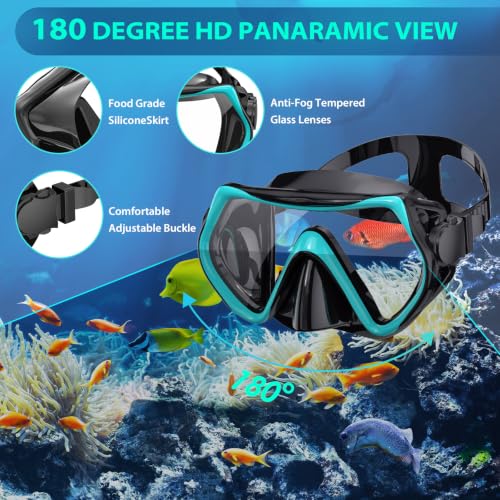 Set de equipo de snorkel para adultos – set de snorkel con tapa seca, máscara panorámica antivaho, aletas ajustables – kit de buceo de viaje con bolsa de almacenamiento miniatura 2