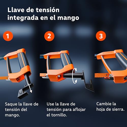 Presch Sierra de arco 300mm - Con hoja de sierra BI-metal para un corte preciso - 90° Rotación de la hoja de sierra para cortes horizontales y verticales - Mango con llave de tensión incluida - Imagen 4
