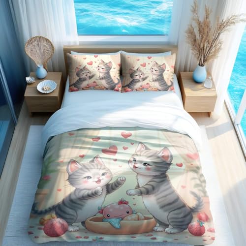 Housse de couette à imprimé chat mignon parure lit simple cœur rose 07 - 2